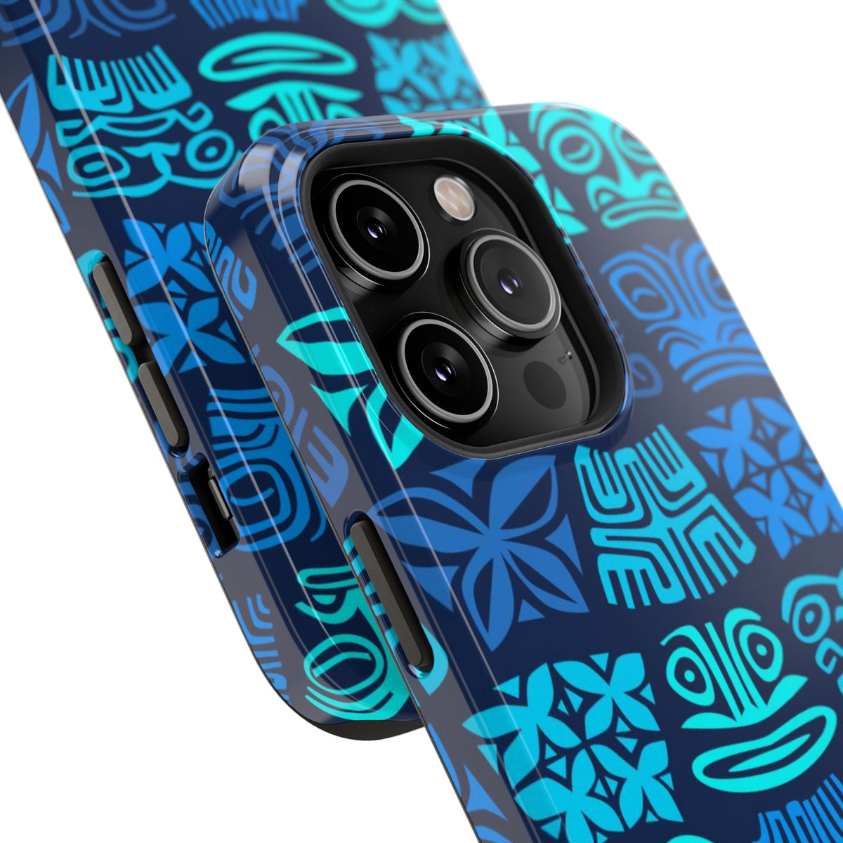 Tiki Pattern Impact Phone Case — Blue Tribal Protective Cover