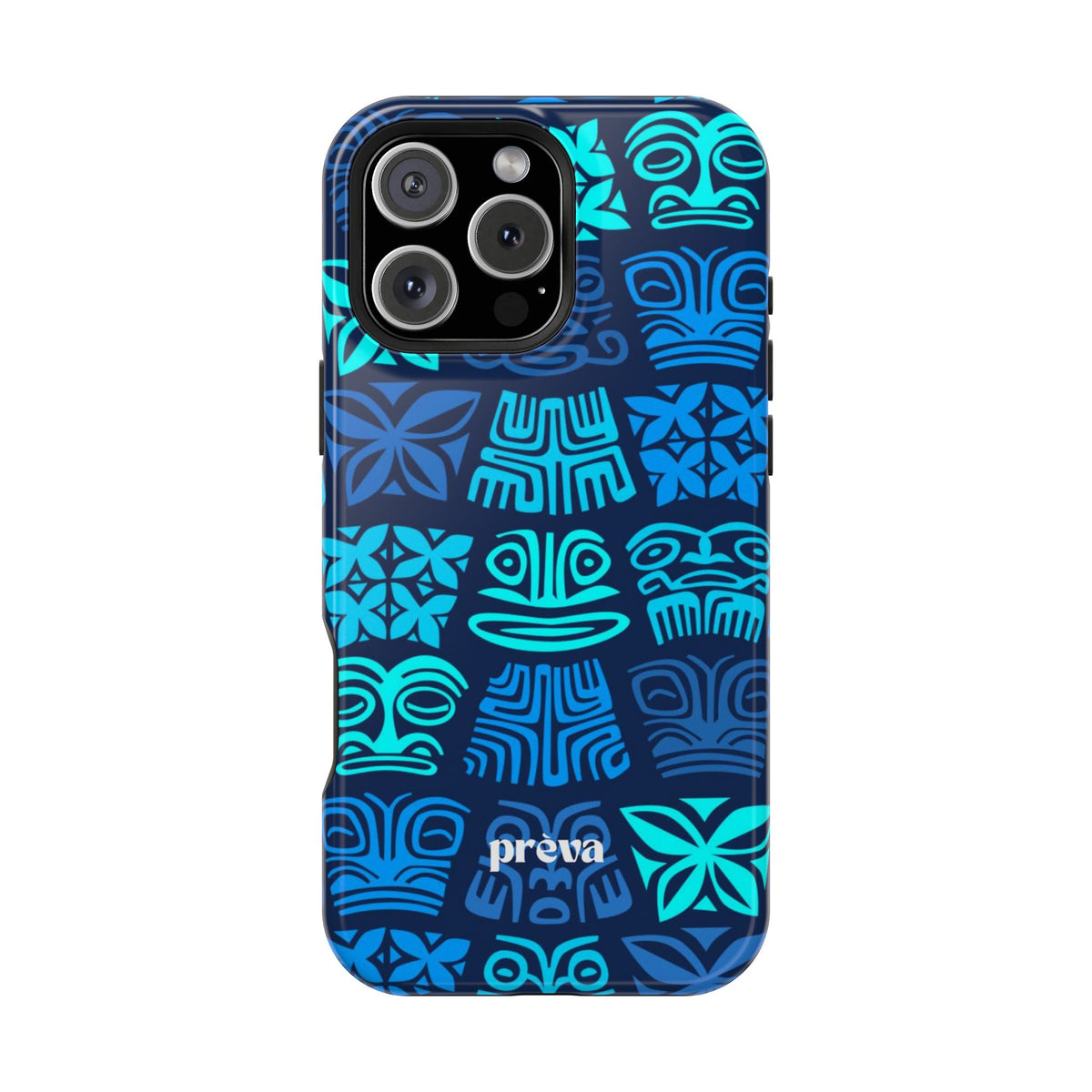 Tiki Pattern Impact Phone Case — Blue Tribal Protective Cover