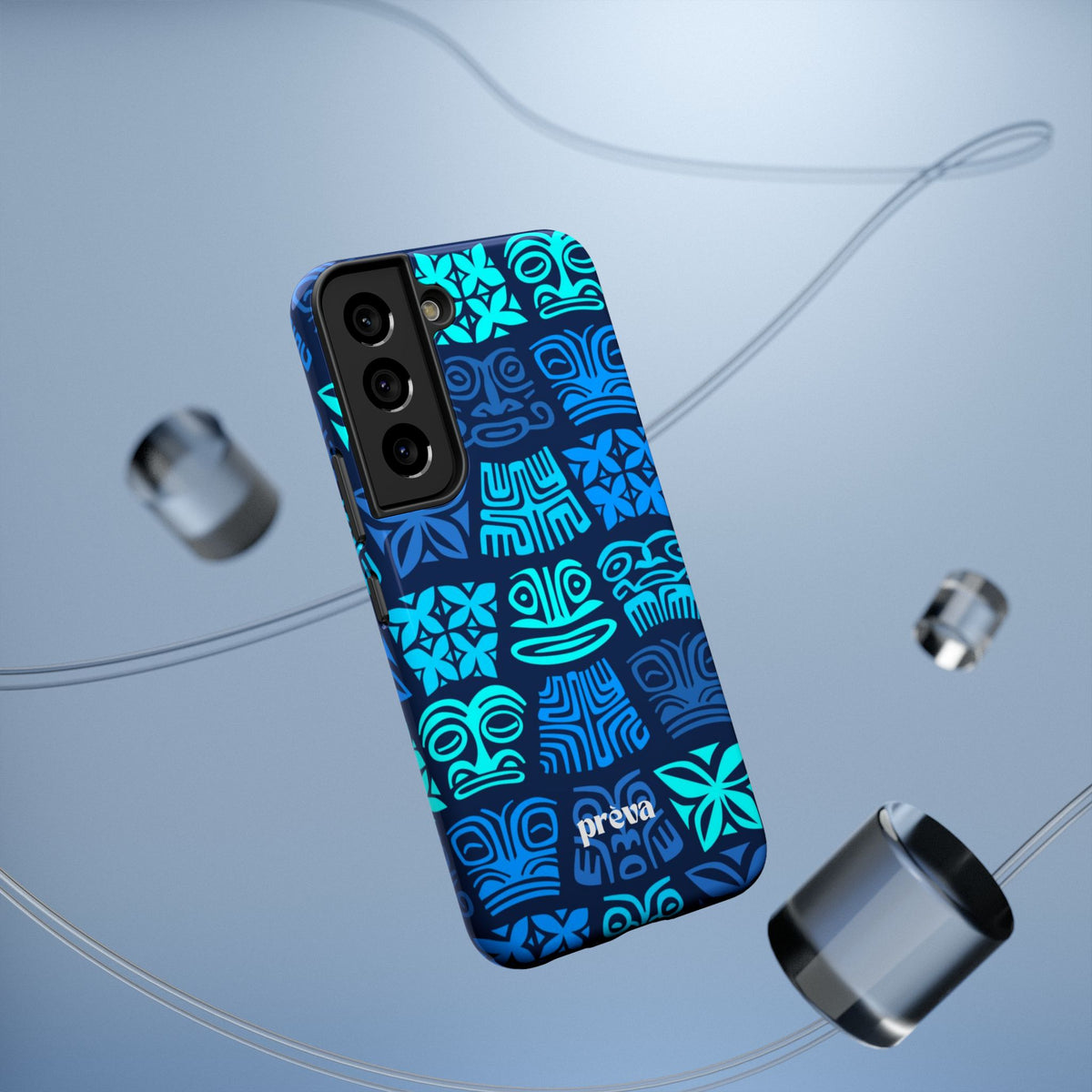Tiki Pattern Impact Phone Case — Blue Tribal Protective Cover
