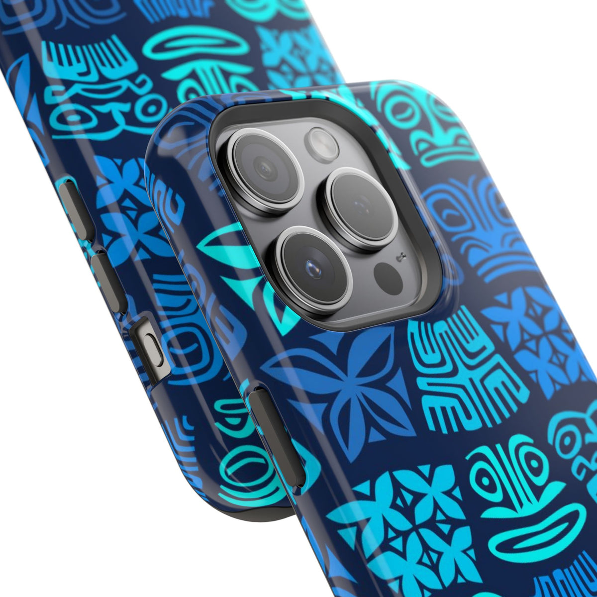 Tiki Pattern Impact Phone Case — Blue Tribal Protective Cover