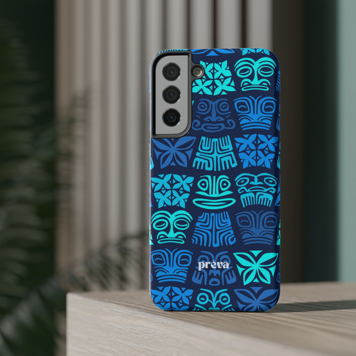 Tiki Pattern Impact Phone Case — Blue Tribal Protective Cover