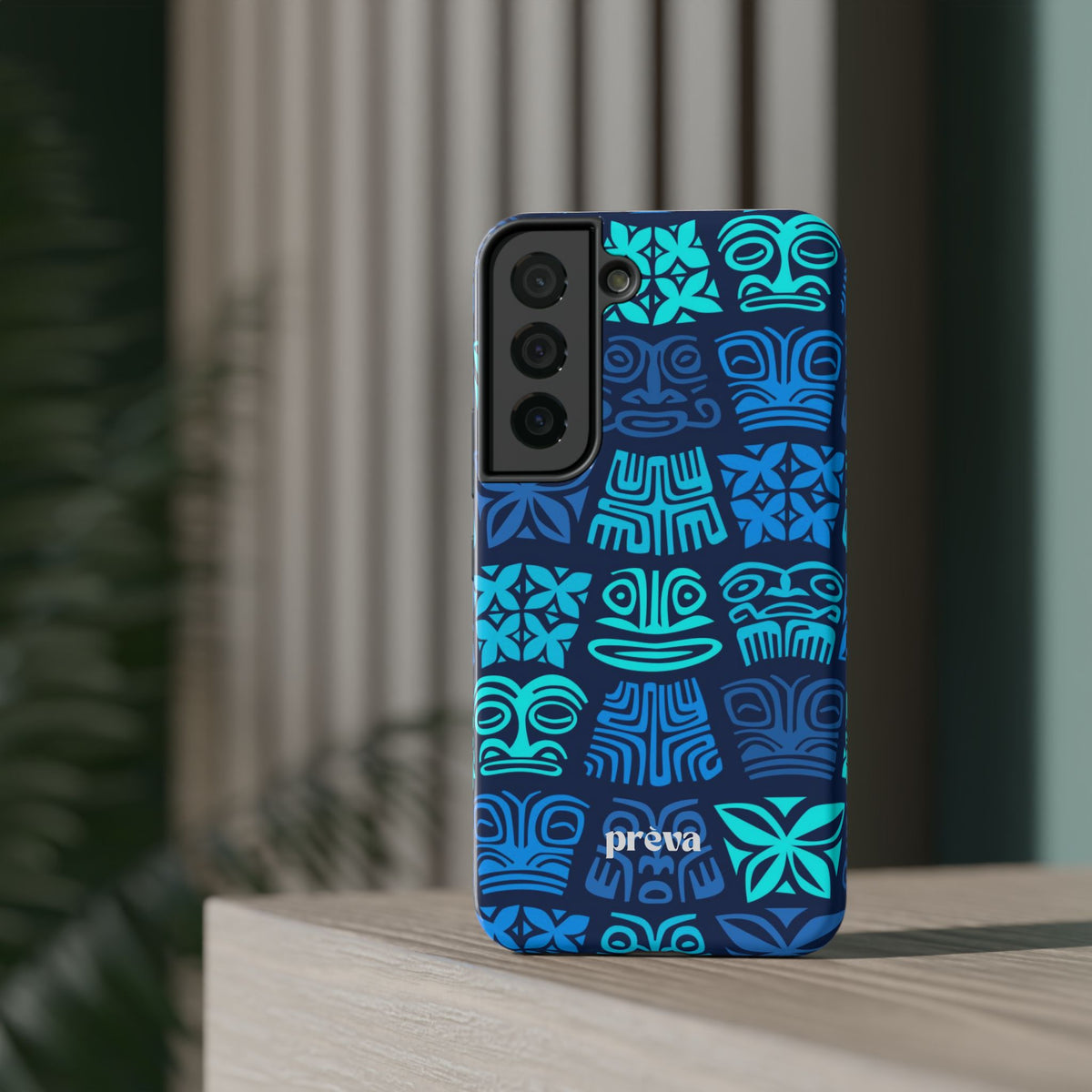 Tiki Pattern Impact Phone Case — Blue Tribal Protective Cover