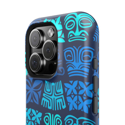 Tiki Pattern Impact Phone Case — Blue Tribal Protective Cover
