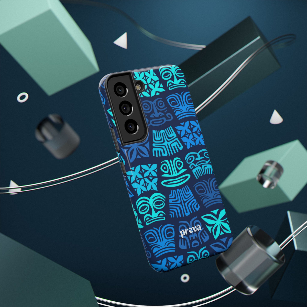 Tiki Pattern Impact Phone Case — Blue Tribal Protective Cover