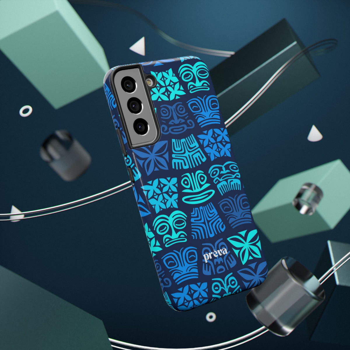 Tiki Pattern Impact Phone Case — Blue Tribal Protective Cover