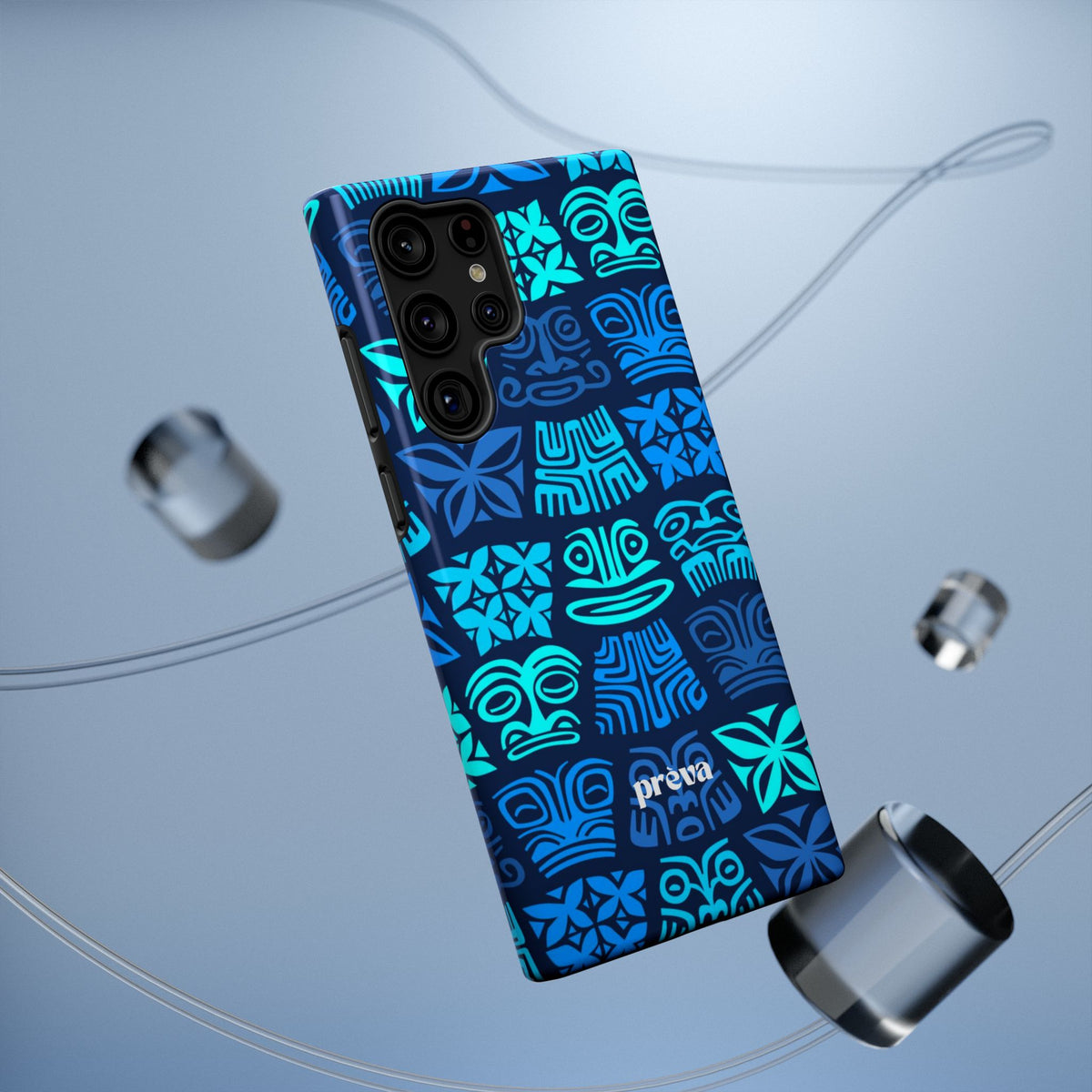 Tiki Pattern Impact Phone Case — Blue Tribal Protective Cover