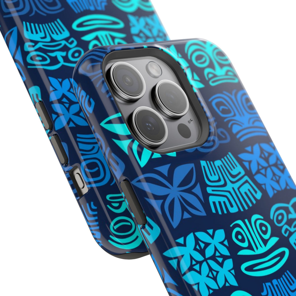 Tiki Pattern Impact Phone Case — Blue Tribal Protective Cover