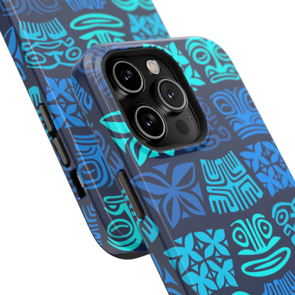 Tiki Pattern Impact Phone Case — Blue Tribal Protective Cover