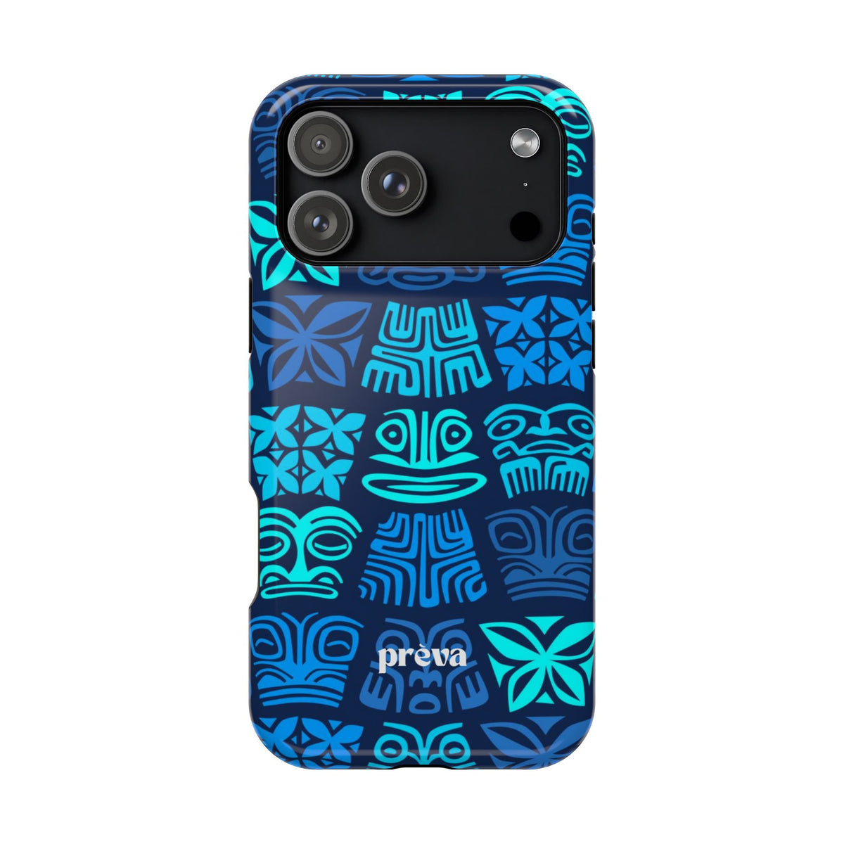 Tiki Pattern Impact Phone Case — Blue Tribal Protective Cover
