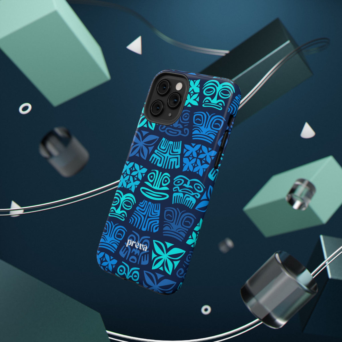 Tiki Pattern Impact Phone Case — Blue Tribal Protective Cover