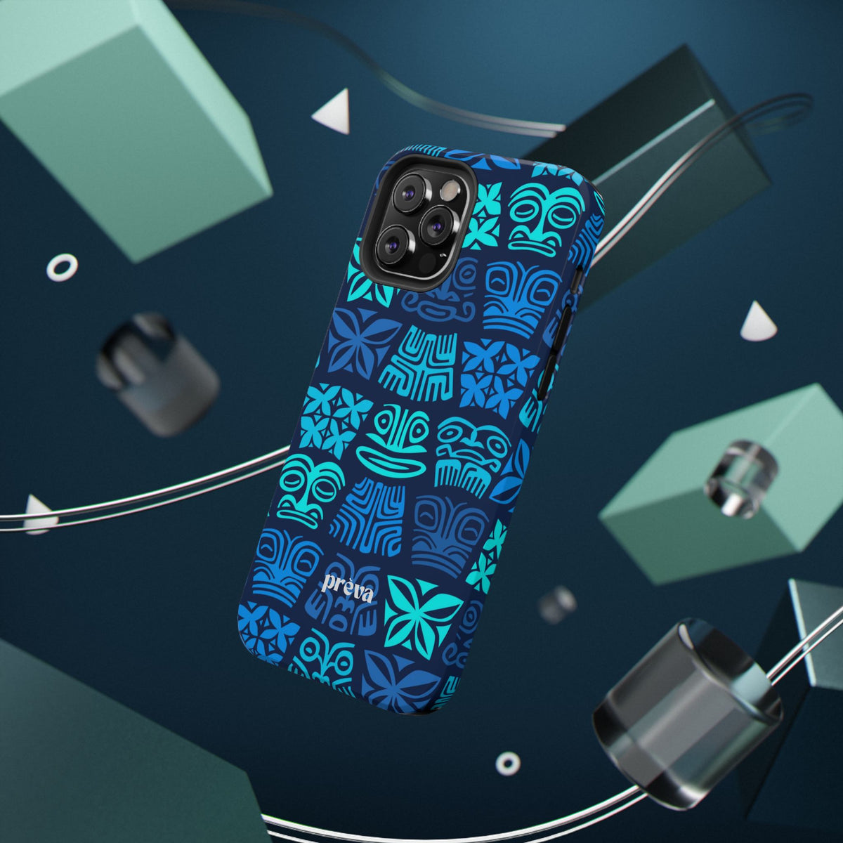 Tiki Pattern Impact Phone Case — Blue Tribal Protective Cover