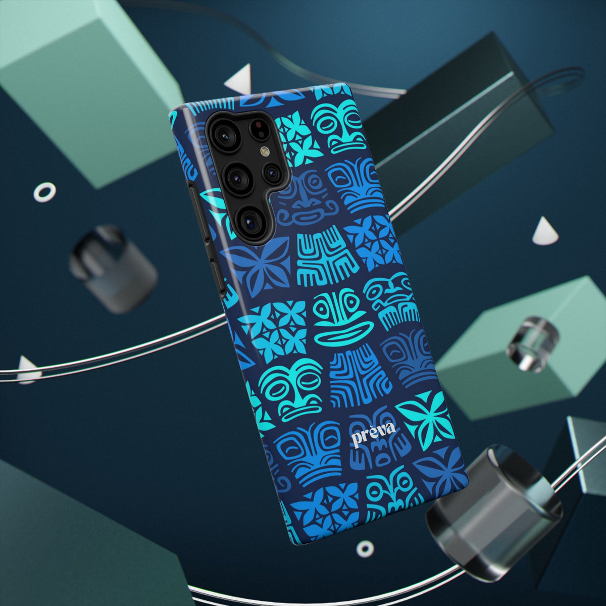 Tiki Pattern Impact Phone Case — Blue Tribal Protective Cover